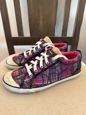 Coach Women’s Barrett Plaid Patent Leather Sneakers Y2K Purple Pink Size 8